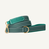 Green leather dog leash with gold hardware by Laelaps Paris