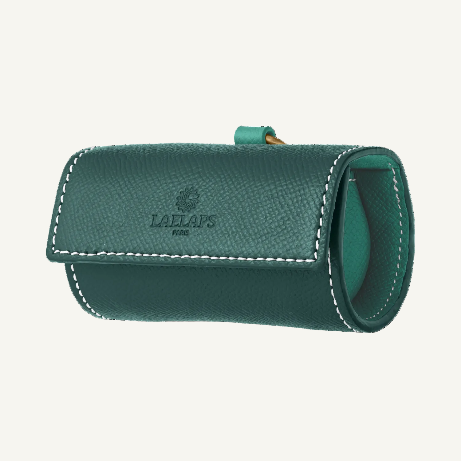 Green leather dog waste bag holder with gold hardware by Laelaps Paris