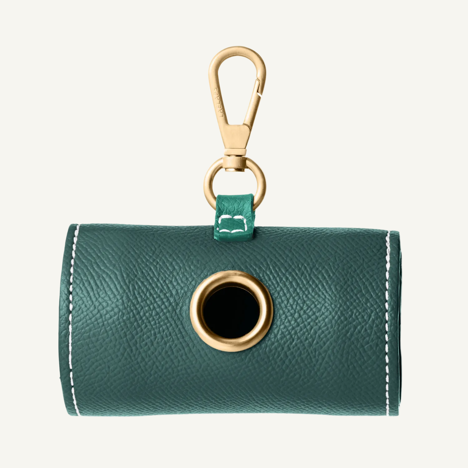 Green leather dog waste bag holder with gold hardware by Laelaps Paris