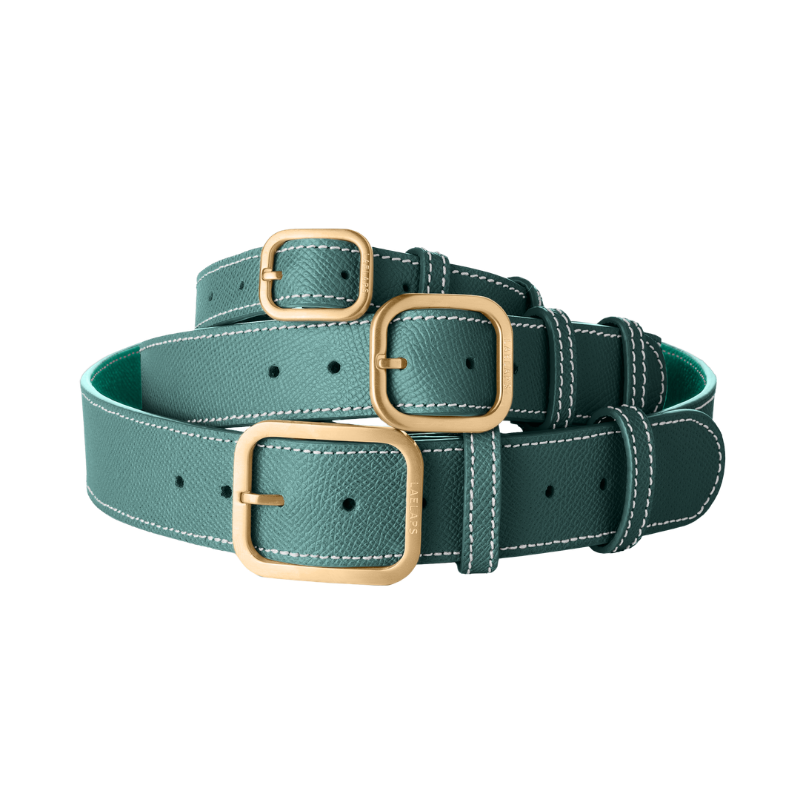 3 Laelaps Paris collars in green with gold hardware. 