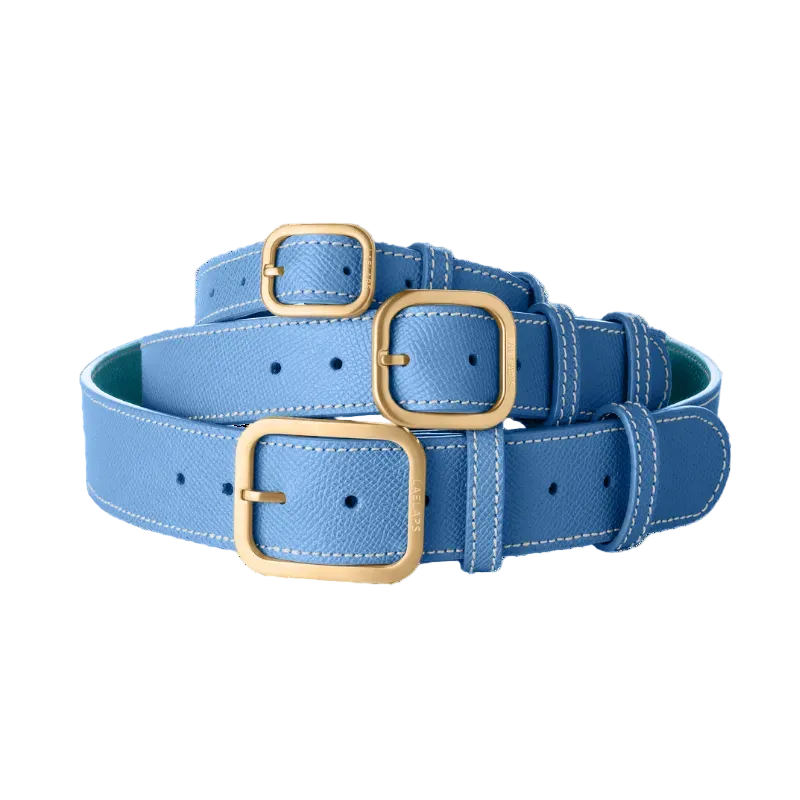 3 Laelaps Paris collars in blue with gold hardware. 