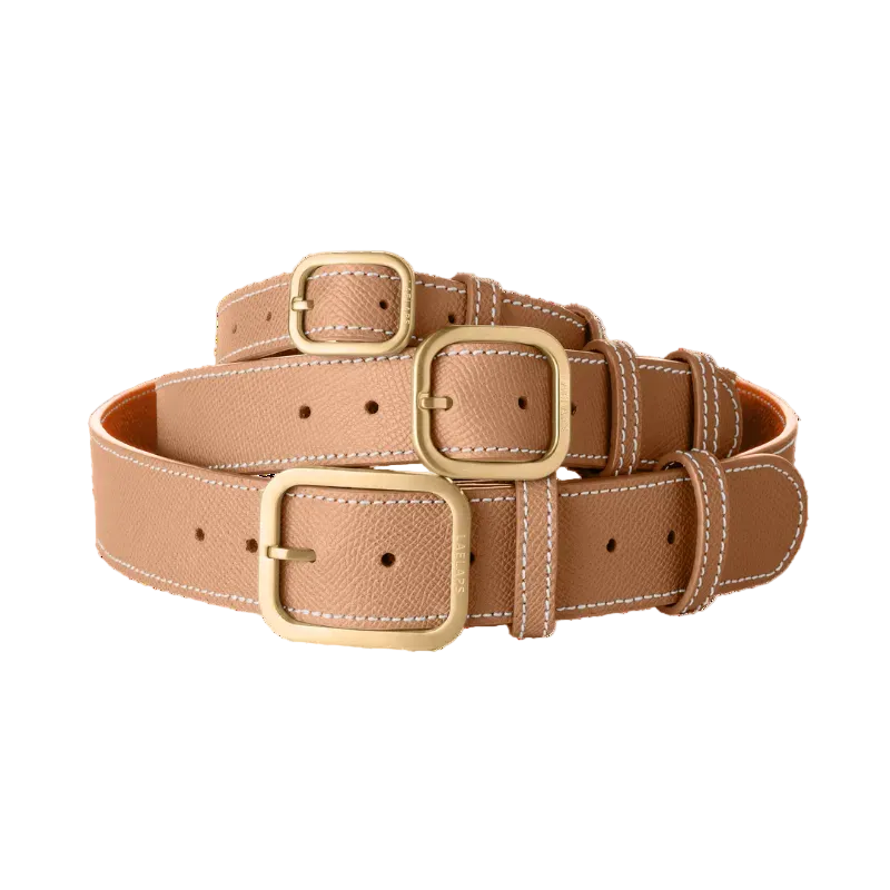 3 Laelaps Paris collars in camel with gold hardware. 