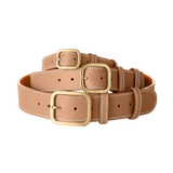 3 Laelaps Paris collars in camel with gold hardware. 