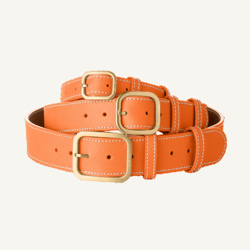 3 Laelaps Paris collars in orange with gold hardware. 