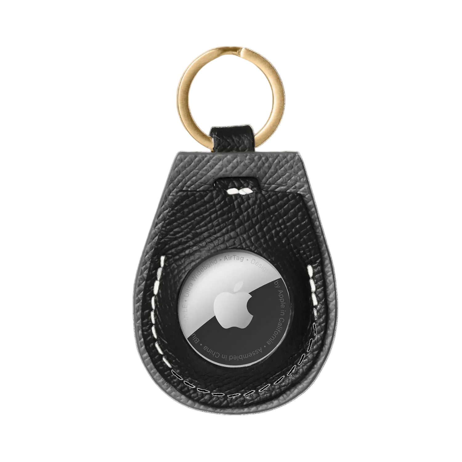 Black leather AirTag holder with gold hardware by Laelaps Paris