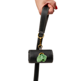 Matching black leather  leash and waste bag holder set with gold hardware, made from embossed calf leather by Laelaps Paris 