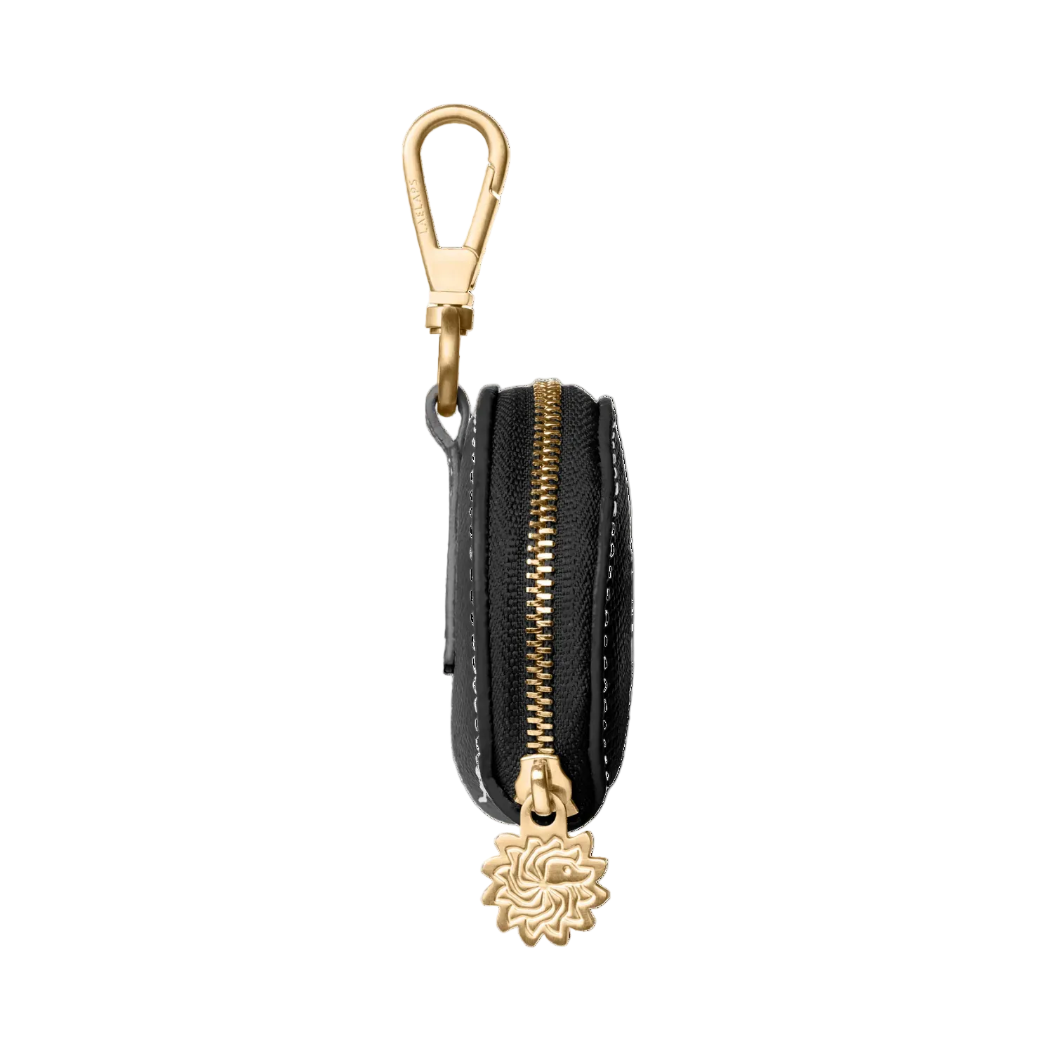 Black leather treat bag holder with gold hardware by Laelaps Paris