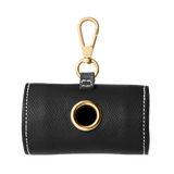 Black leather dog waste bag holder with gold hardware by Laelaps Paris