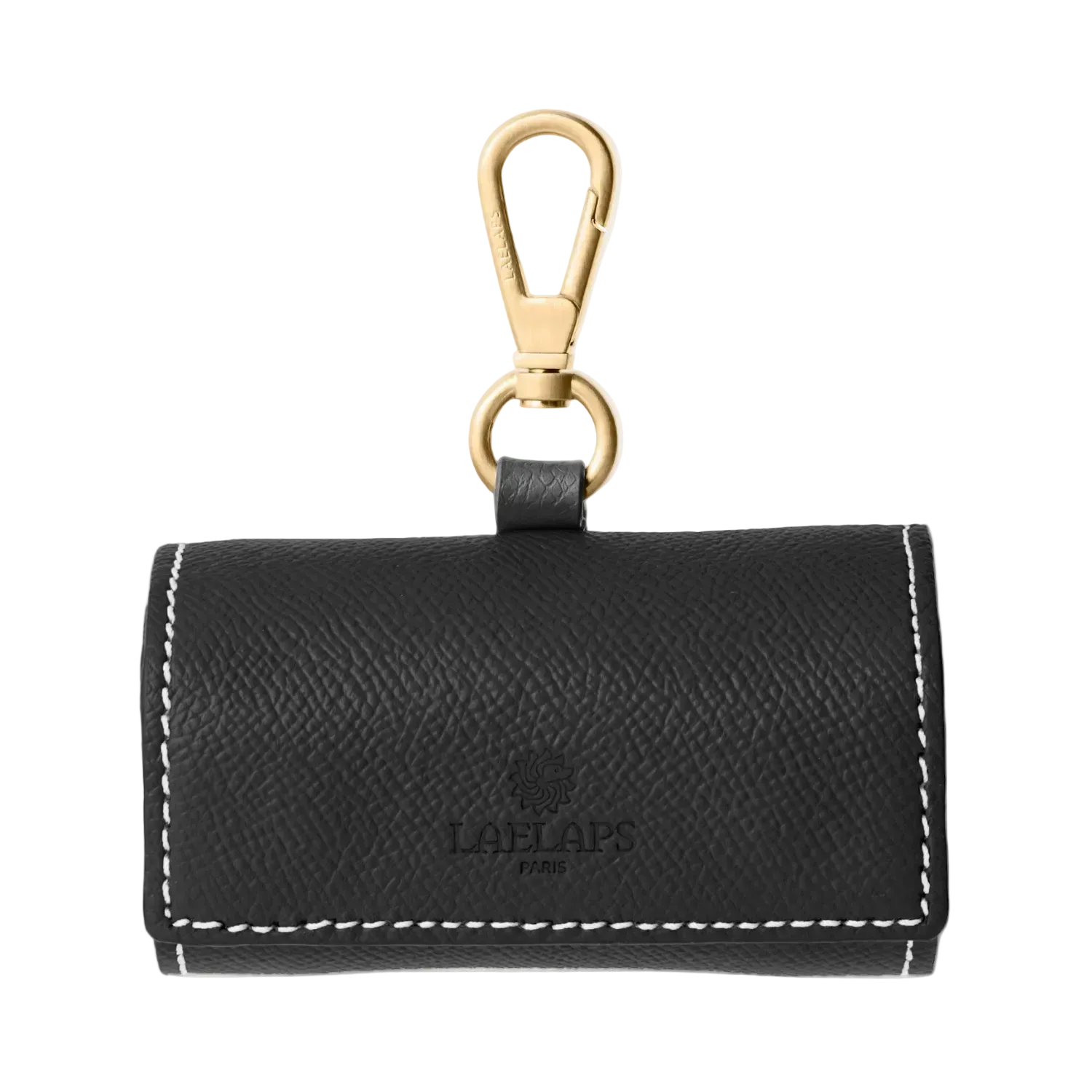 Black leather dog waste bag holder with gold hardware by Laelaps Paris