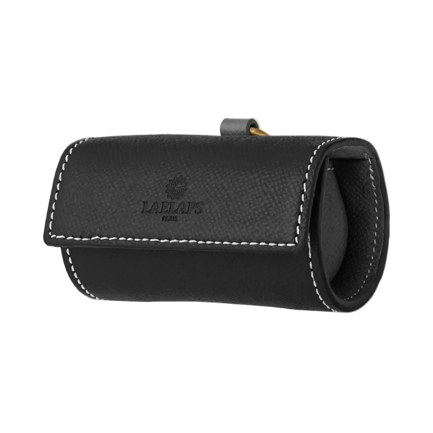 Black leather dog waste bag holder with gold hardware by Laelaps Paris