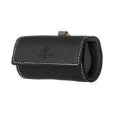 Black leather dog waste bag holder with gold hardware by Laelaps Paris