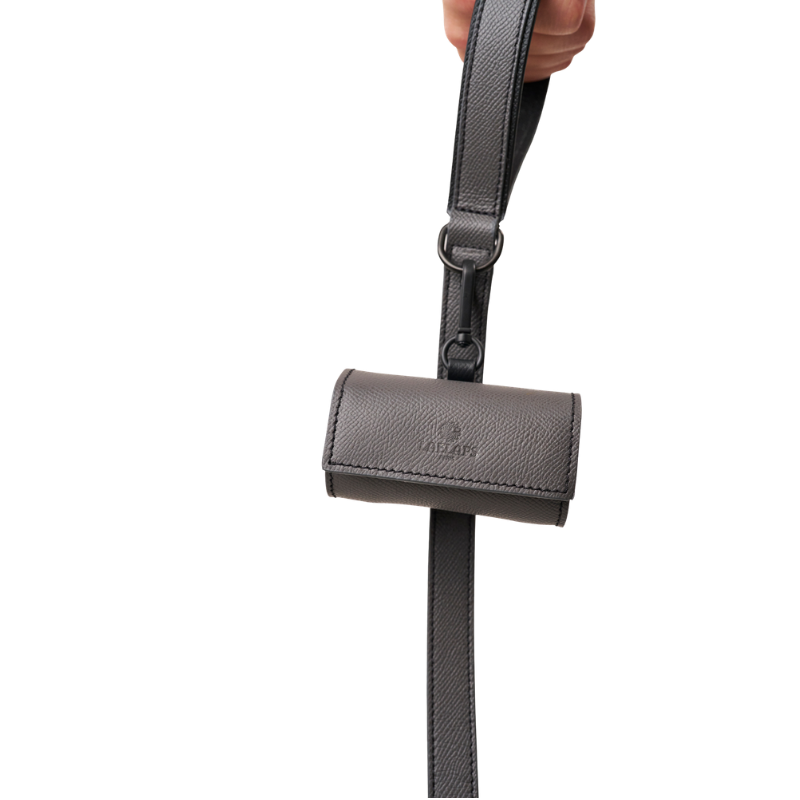 Matching graphite  leather  leash and waste bag holder set with metal gun hardware, made from embossed calf leather by Laelaps Paris 