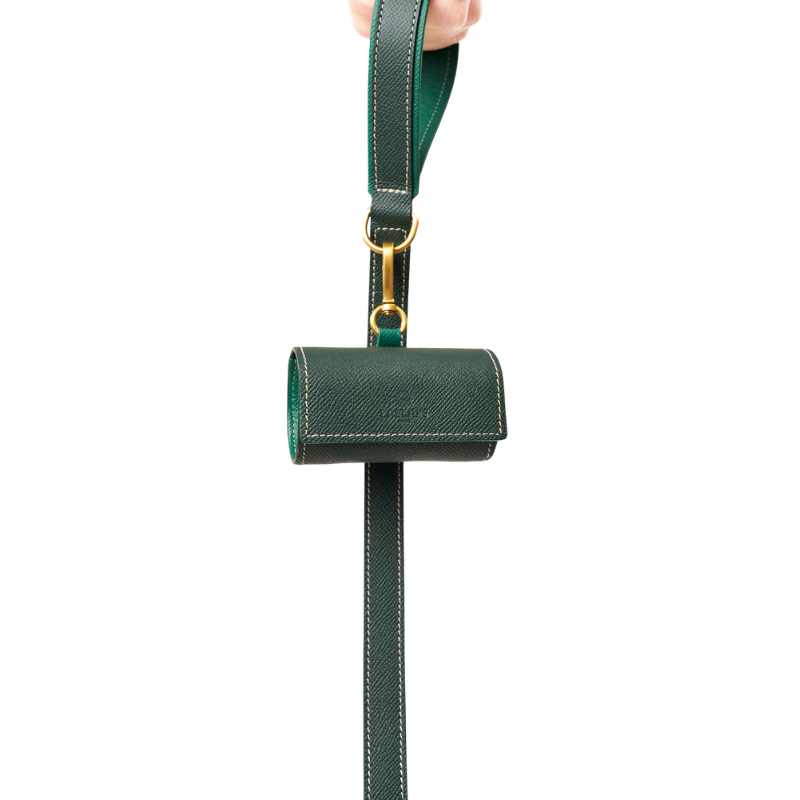 Matching green  leather  leash and waste bag holder set with gold hardware, made from embossed calf leather by Laelaps Paris 