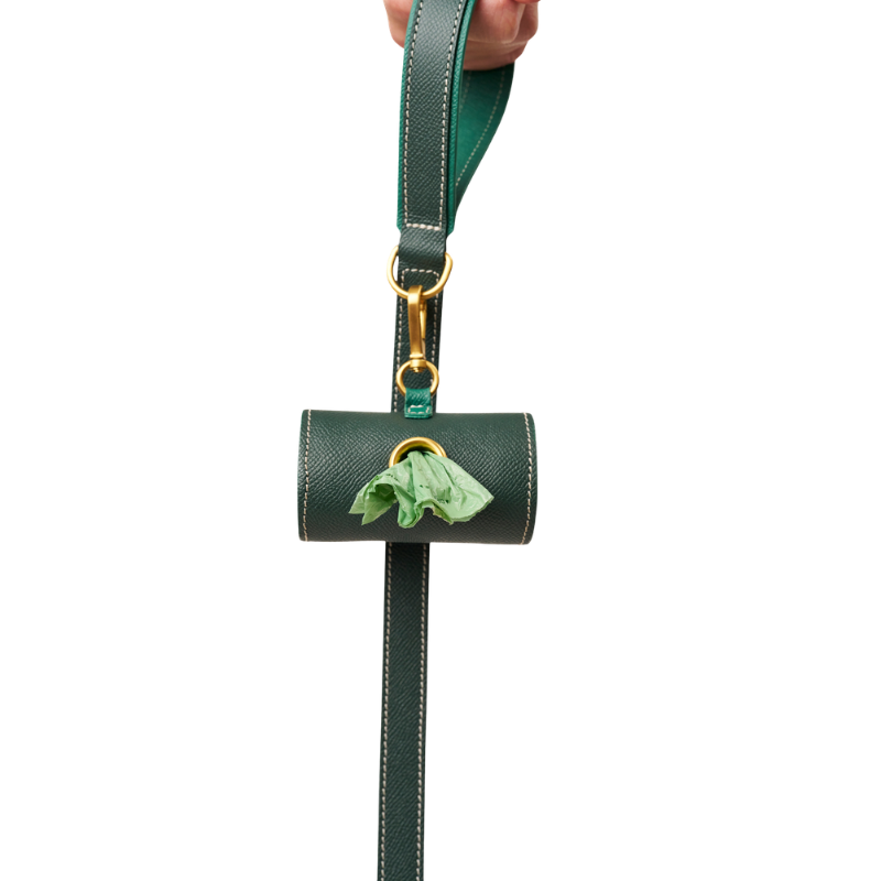 Matching green  leather  leash and waste bag holder set with gold hardware, made from embossed calf leather by Laelaps Paris 