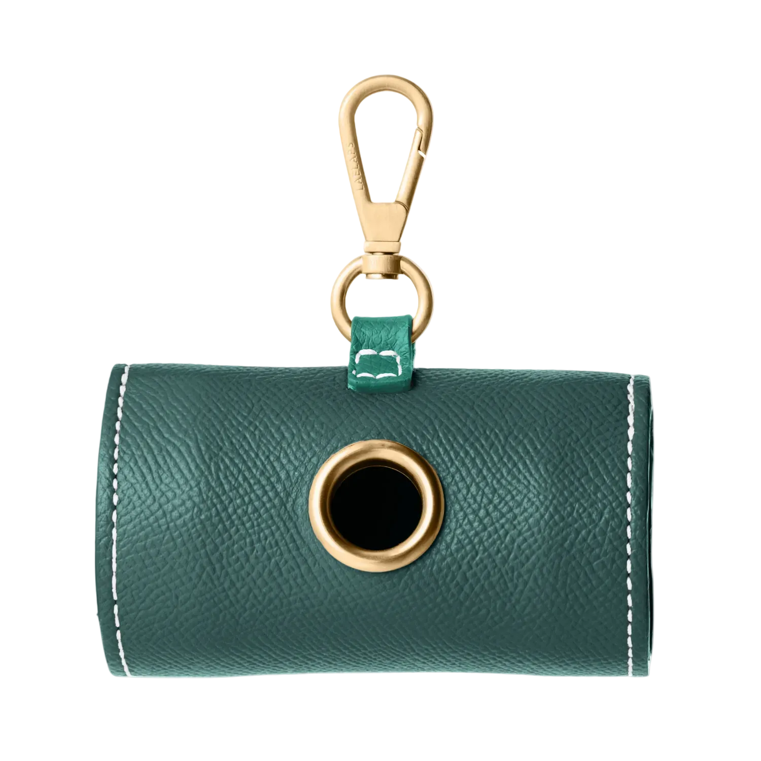 Green leather dog waste bag holder with gold hardware by Laelaps Paris