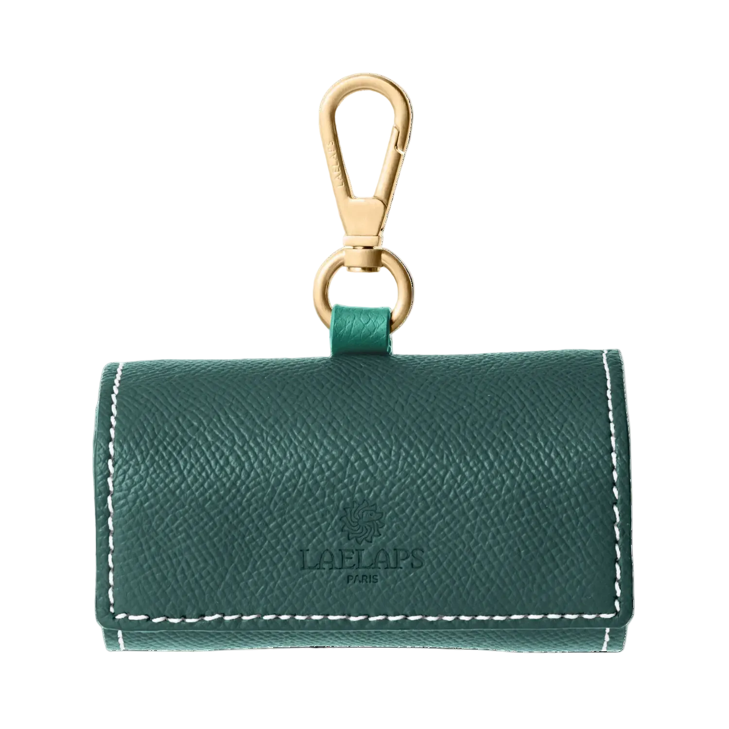 Greenleather dog waste bag holder with gold hardware by Laelaps Paris