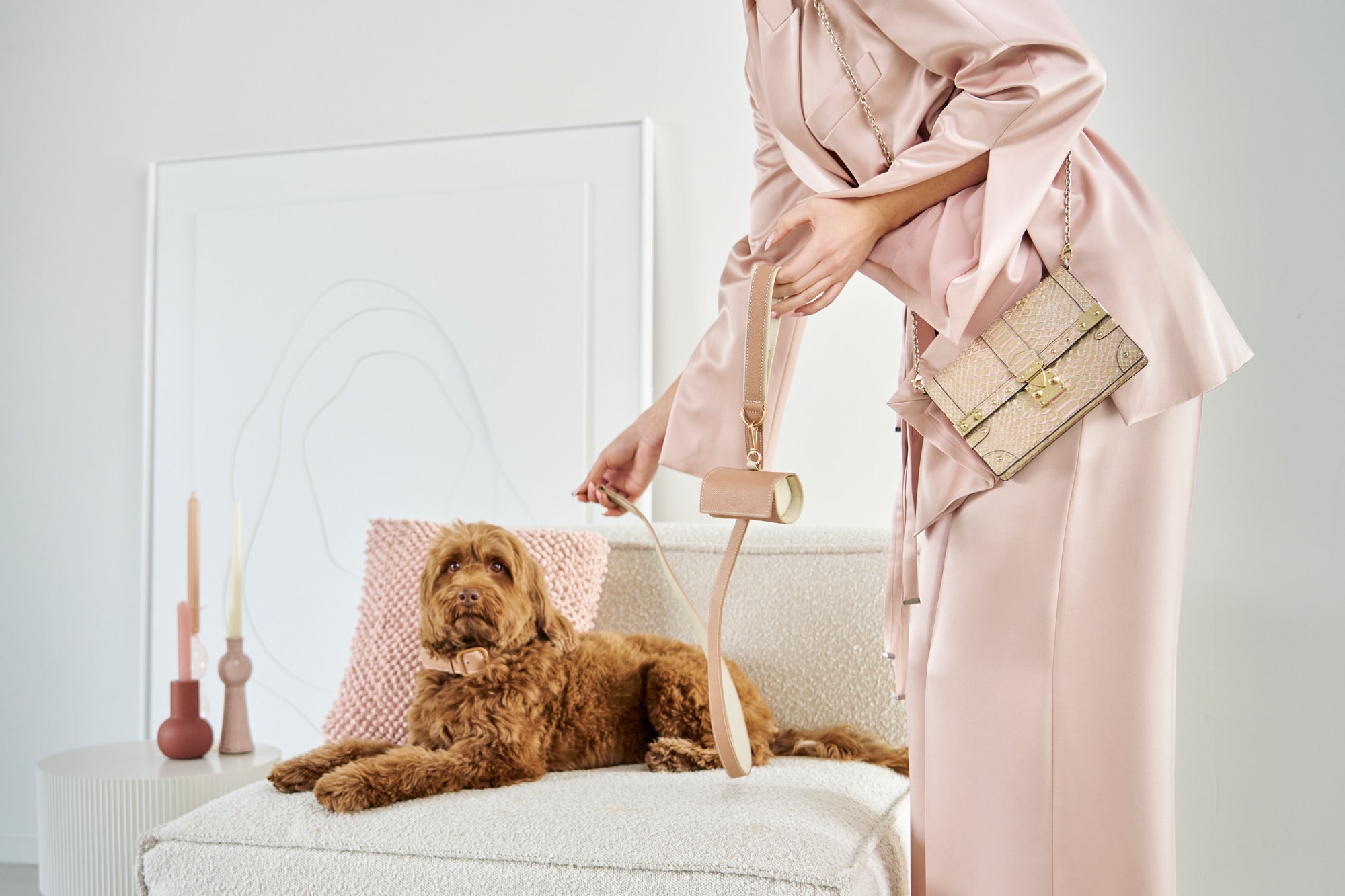 Leather pink leash with off white details and matching collar wand waste bag holder. 