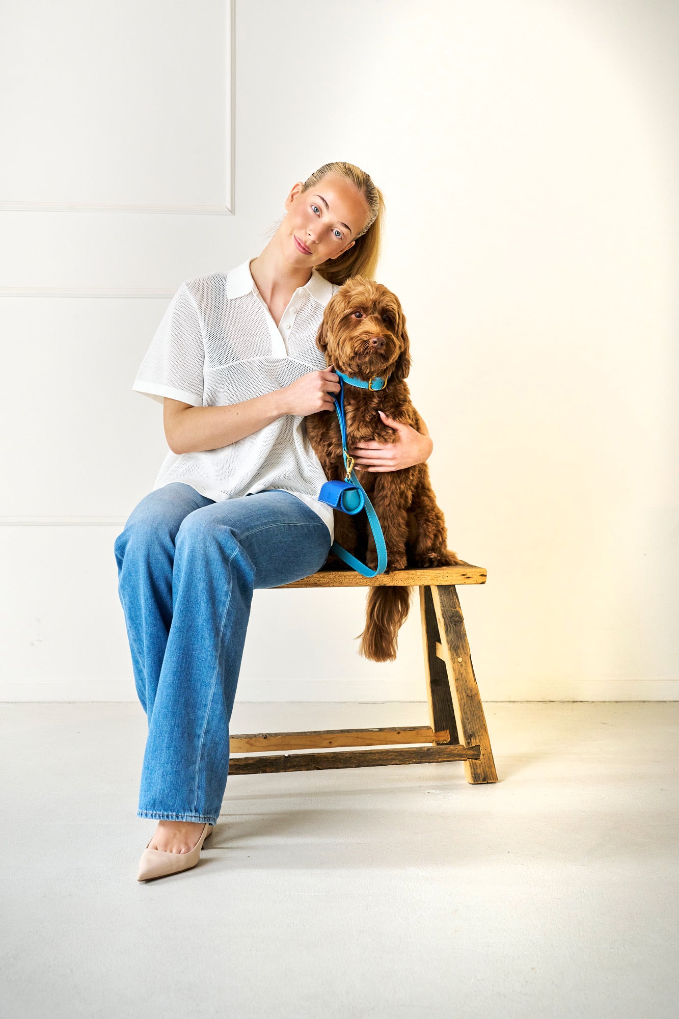 Light blue leather dog collar and leash set by Laelaps Paris