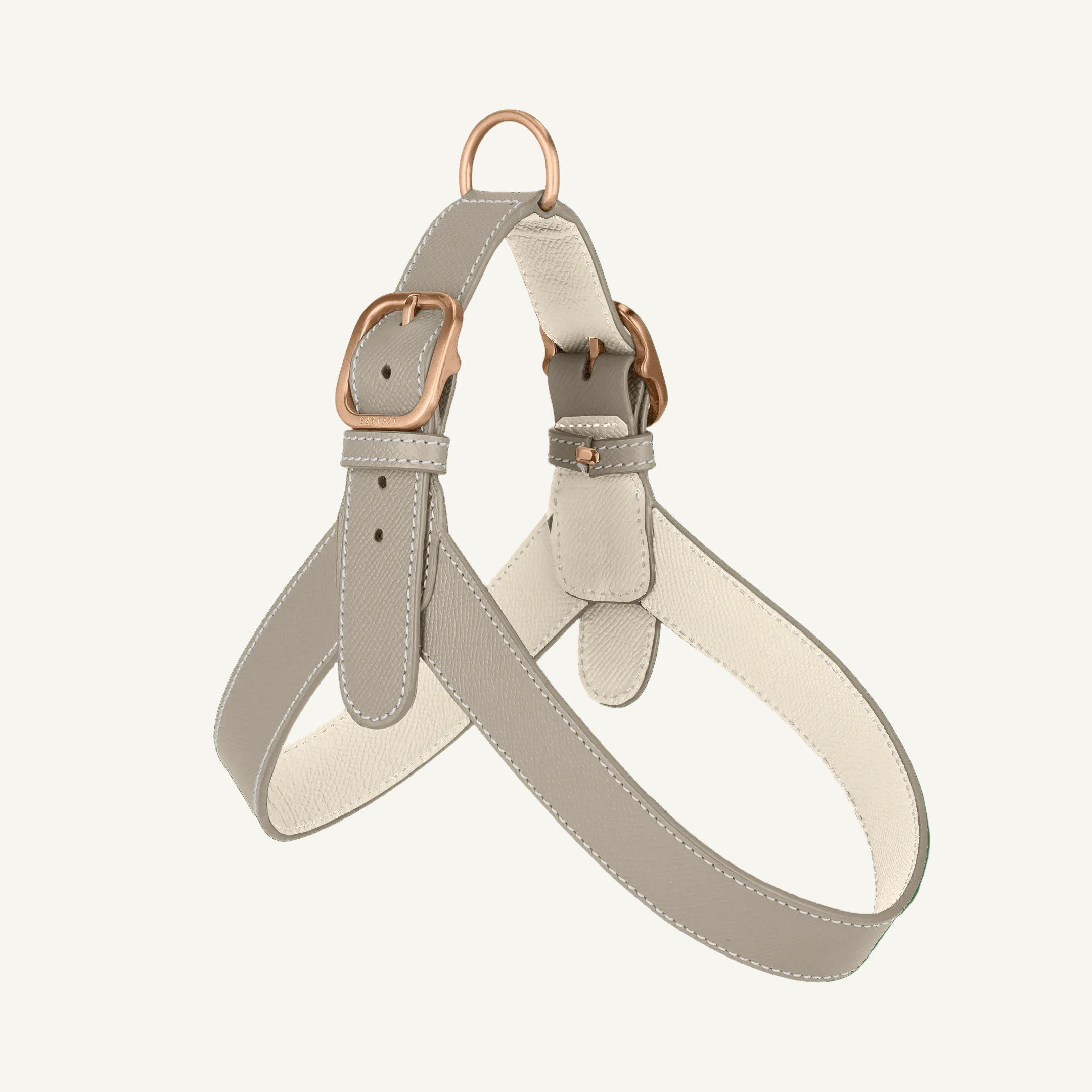 Taupe leather harness with off white accents and rose mat gold hardware by Laelaps Paris. 