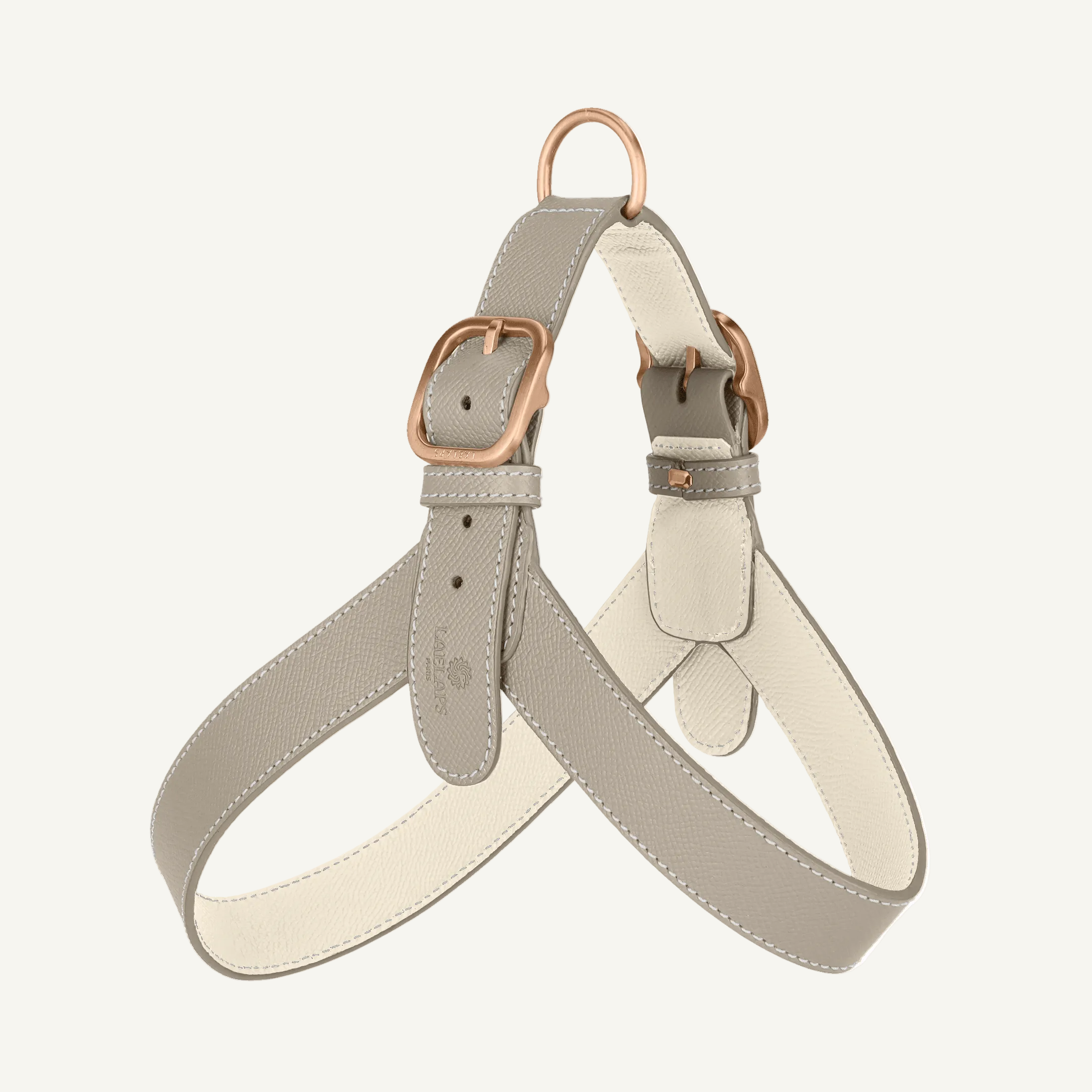 Taupe leather harness with off white accents and rose mat gold hardware by Laelaps Paris. 