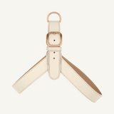 Off white leather harness with powder accents and rose mat gold hardware by Laelaps Paris. 
