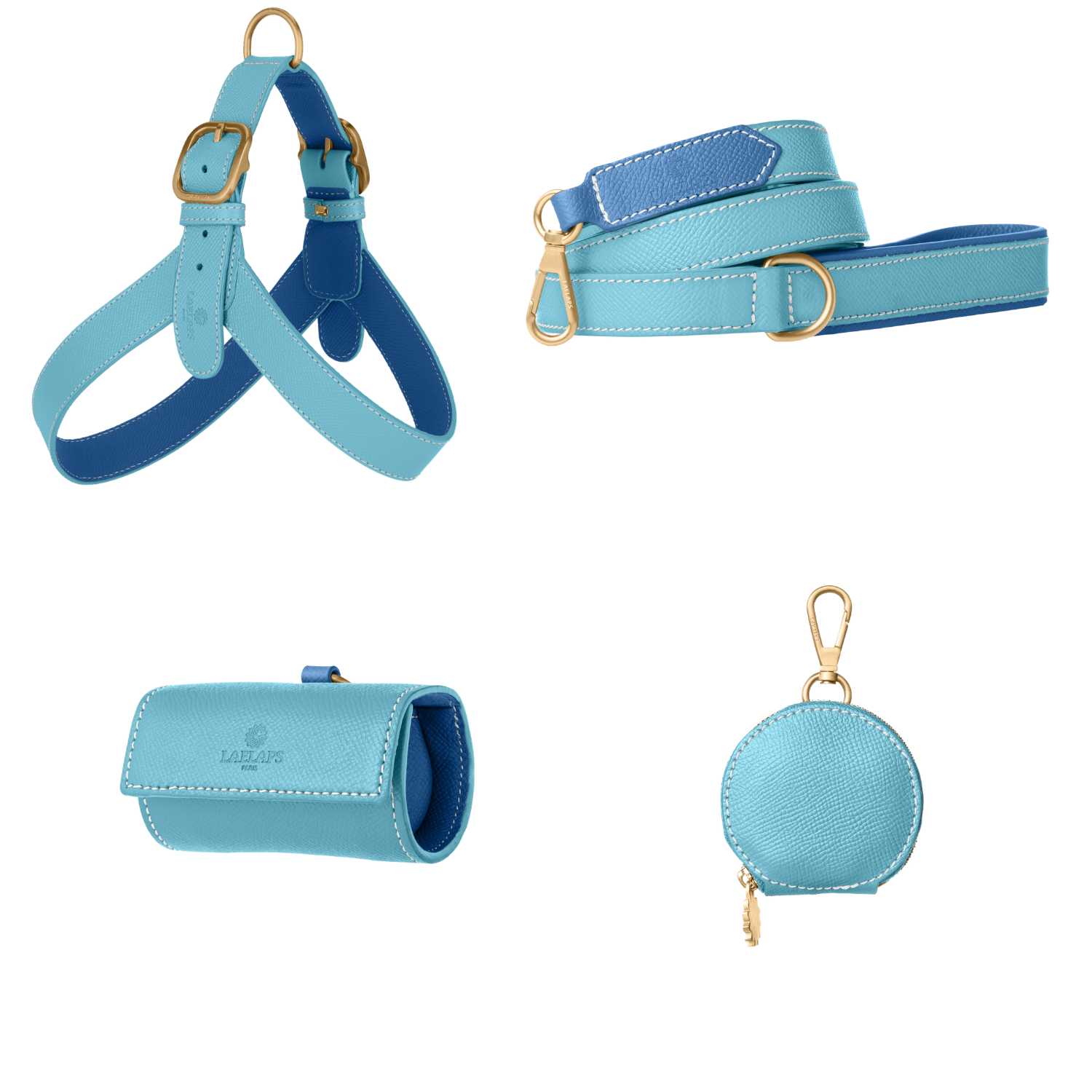 Complete light blue leather dog walking set by Laelaps Paris: harness, leash, poop bag holder and round zip treat pouch with matte gold clasp