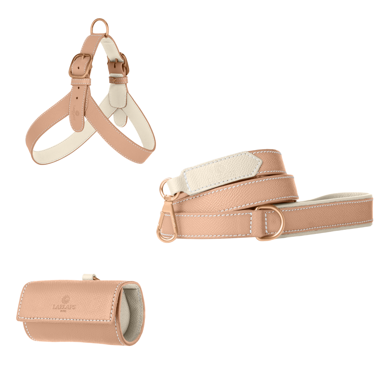 Powder pink leather dog harness, leash and poop bag holder set with off-white lining and matte rose gold hardware from Laelaps Paris