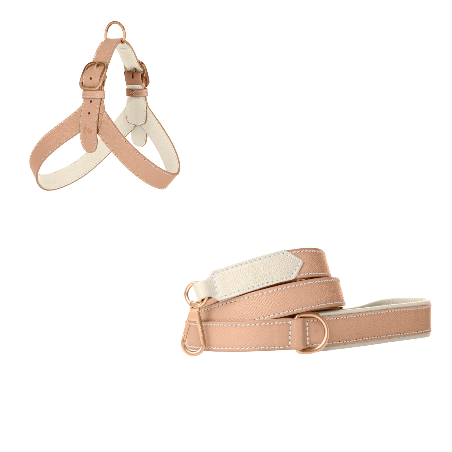 Powder pink embossed calf leather dog harness and matching leash with off-white lining and matte rose gold buckles by Laelaps Paris