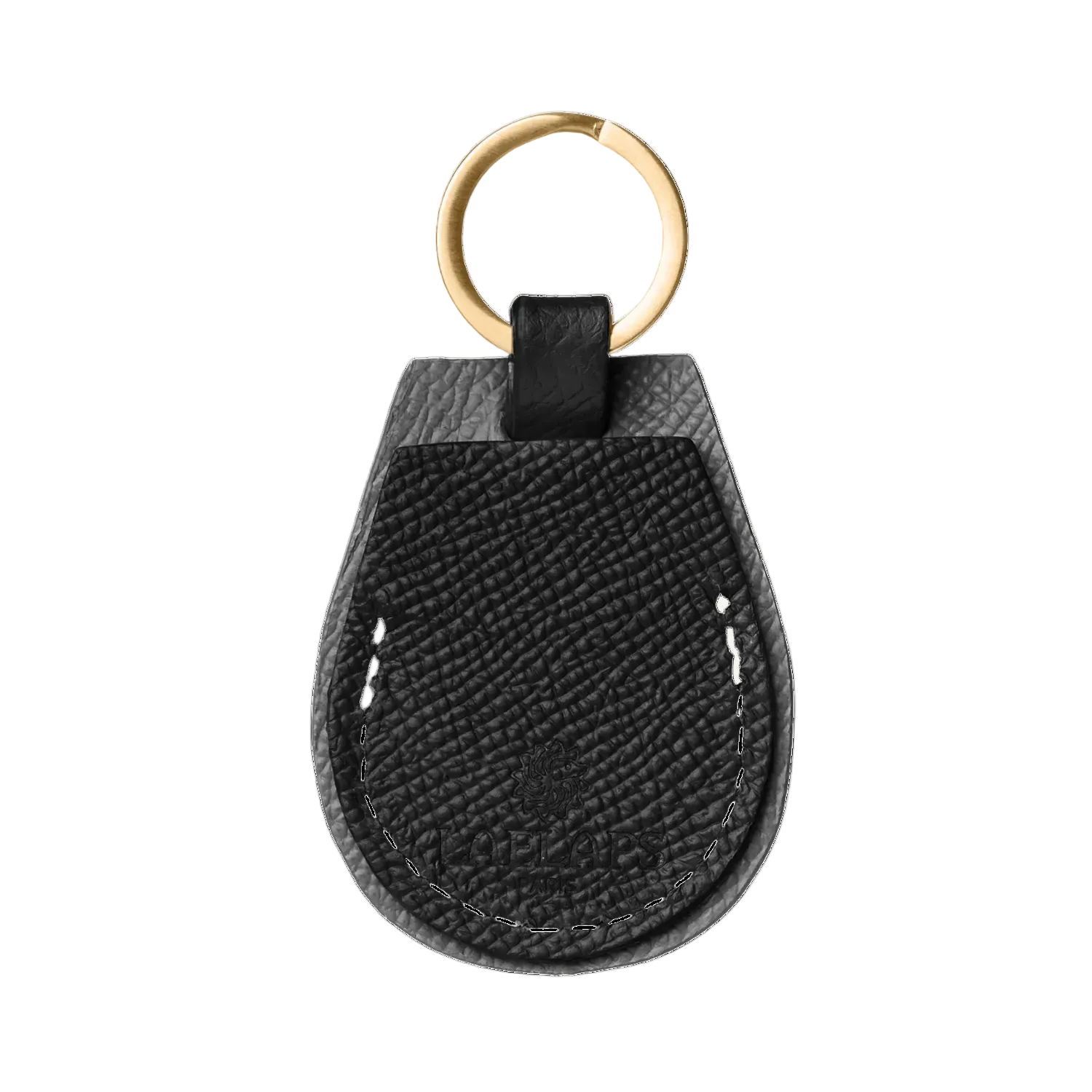 Black leather AirTag holder with gold hardware by Laelaps Paris