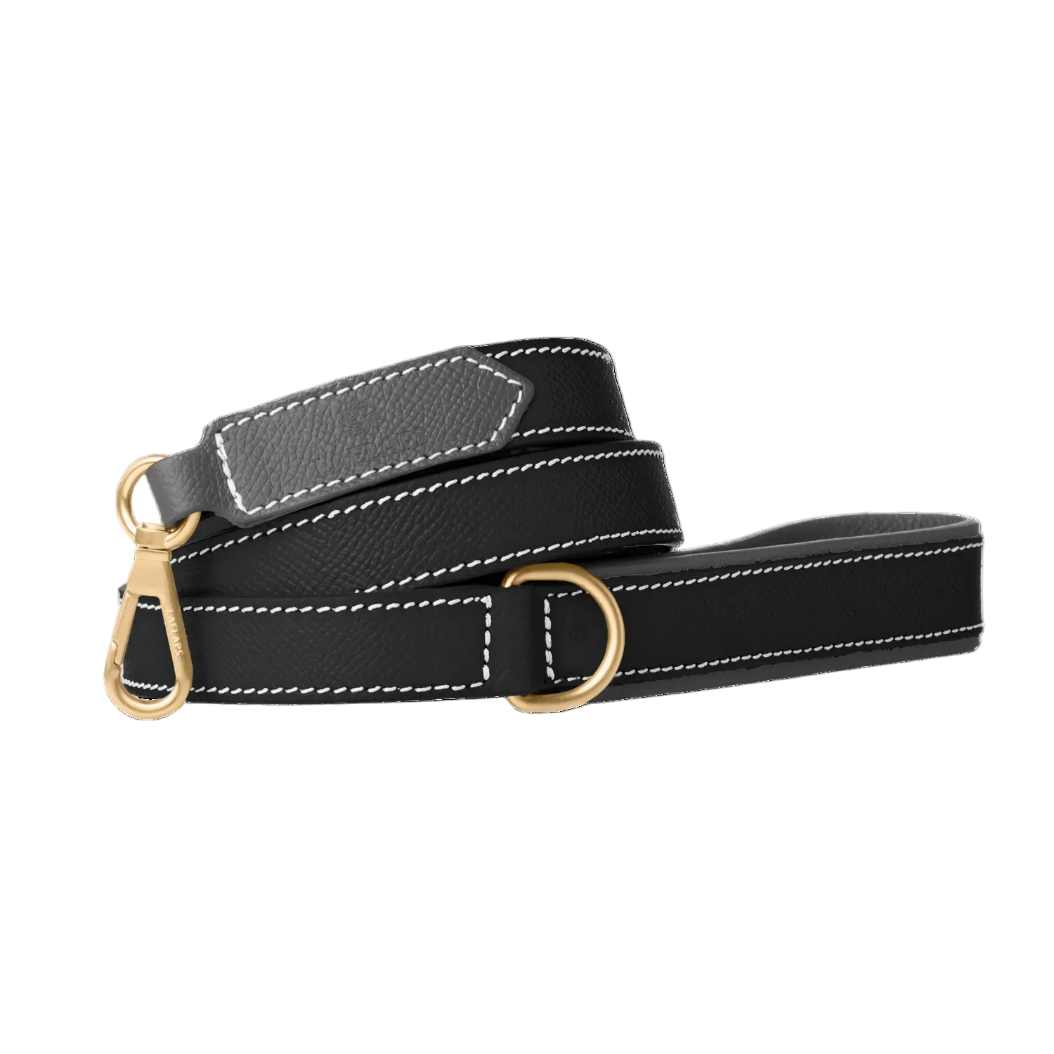 Black leather dog leash with gold hardware by Laelaps Paris