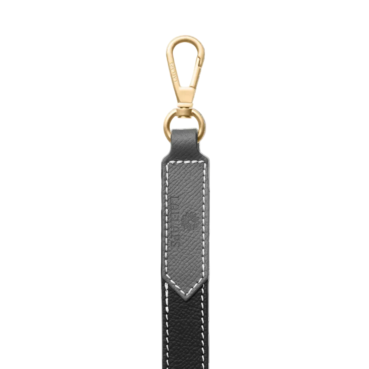 Close-up of black leather dog leash with gold clasp