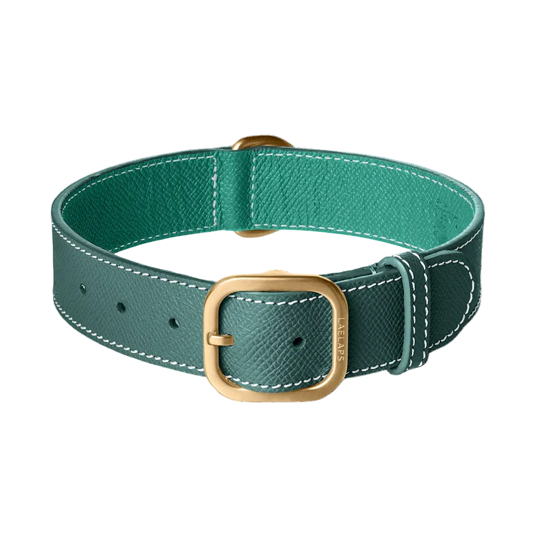 Green leather dog collar with gold hardware by Laelaps Paris