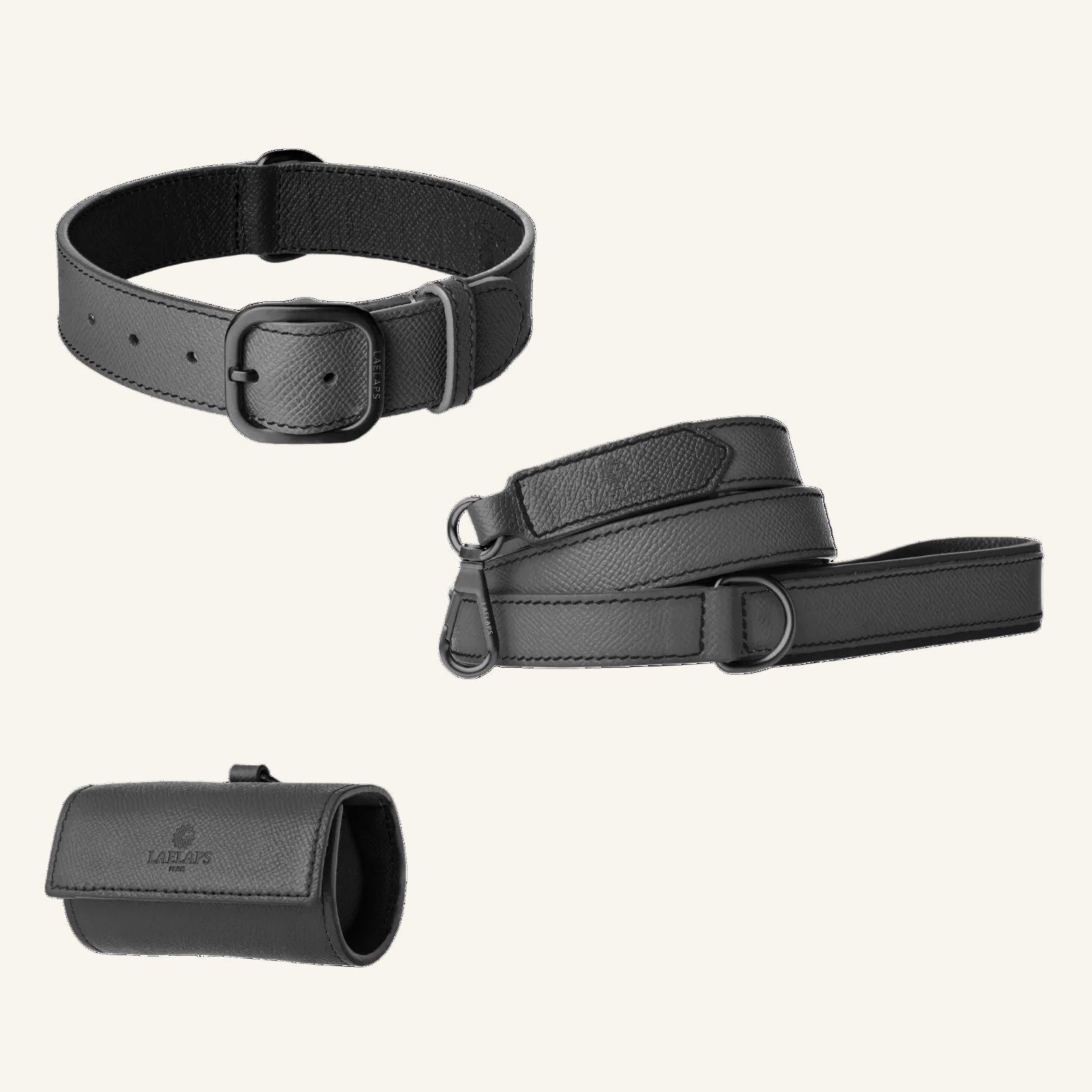 Grafietkleurige leren set met halsband, riem en zakjeshouder, stiksel ton sur ton en matte zwarte hardware van Laelaps Paris