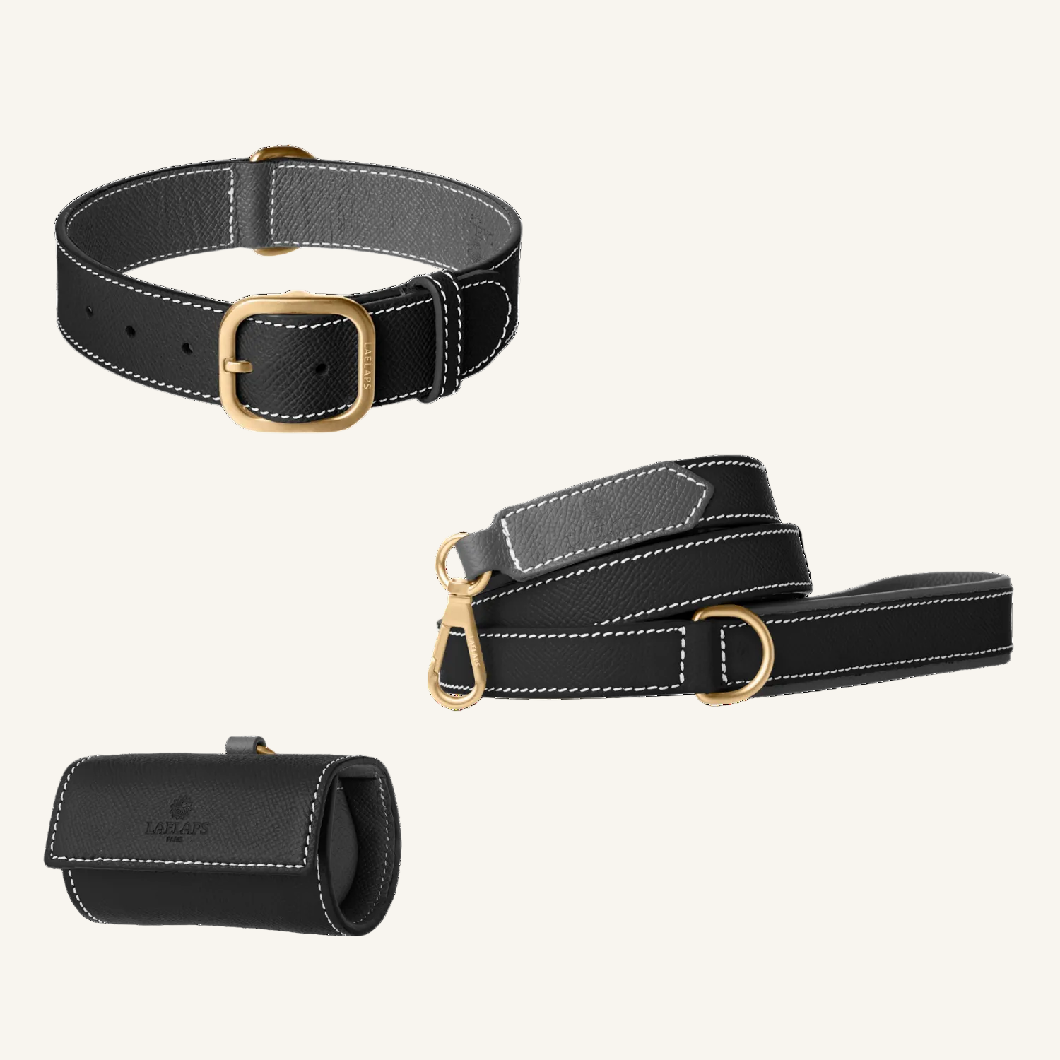 Zwarte leren set met halsband, riem en zakjeshouder, grijze voering, wit stiksel en goudkleurige hardware van Laelaps Paris