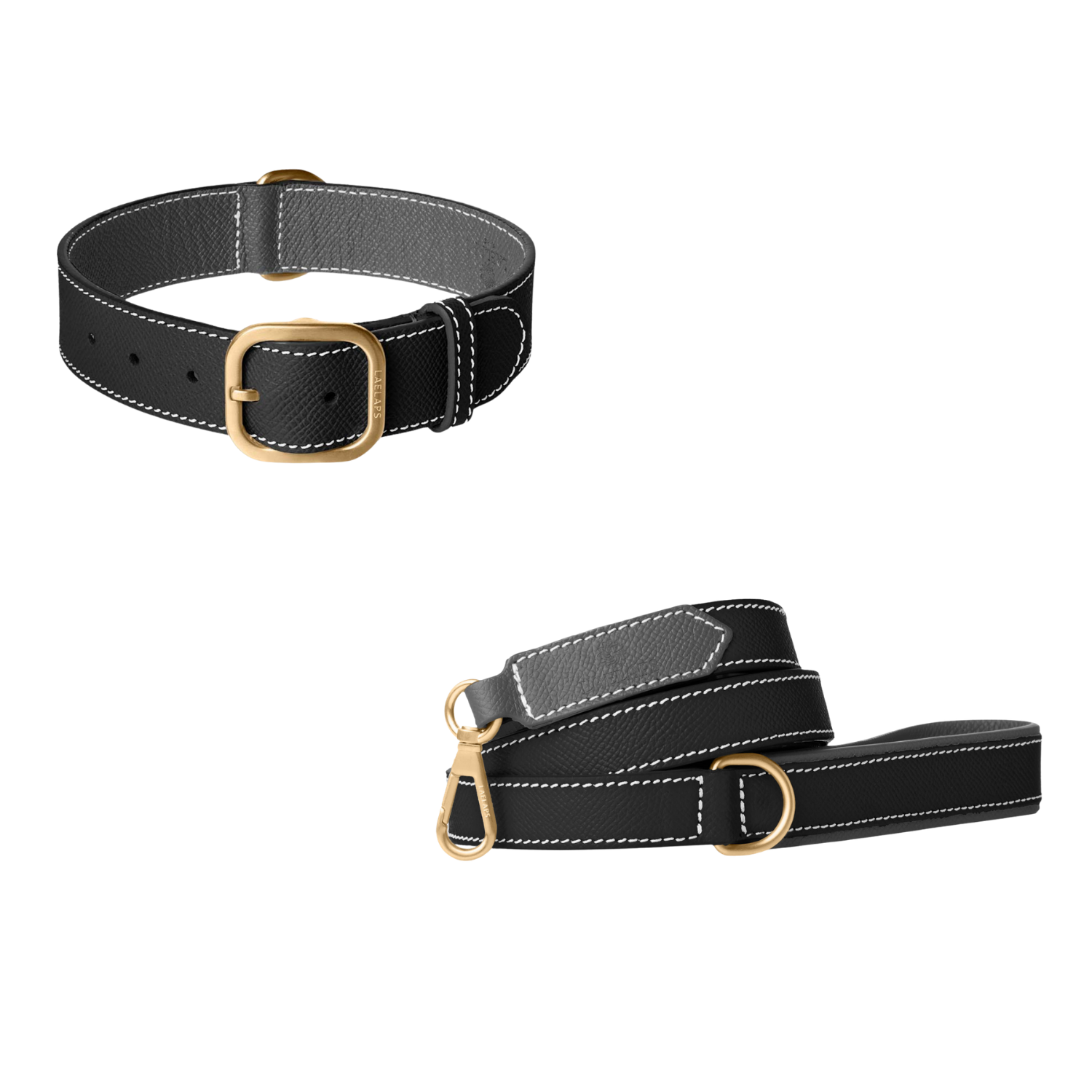 Black grained leather dog collar and matching leash with grey lining, white contrast stitching and brushed gold buckle by Laelaps Paris