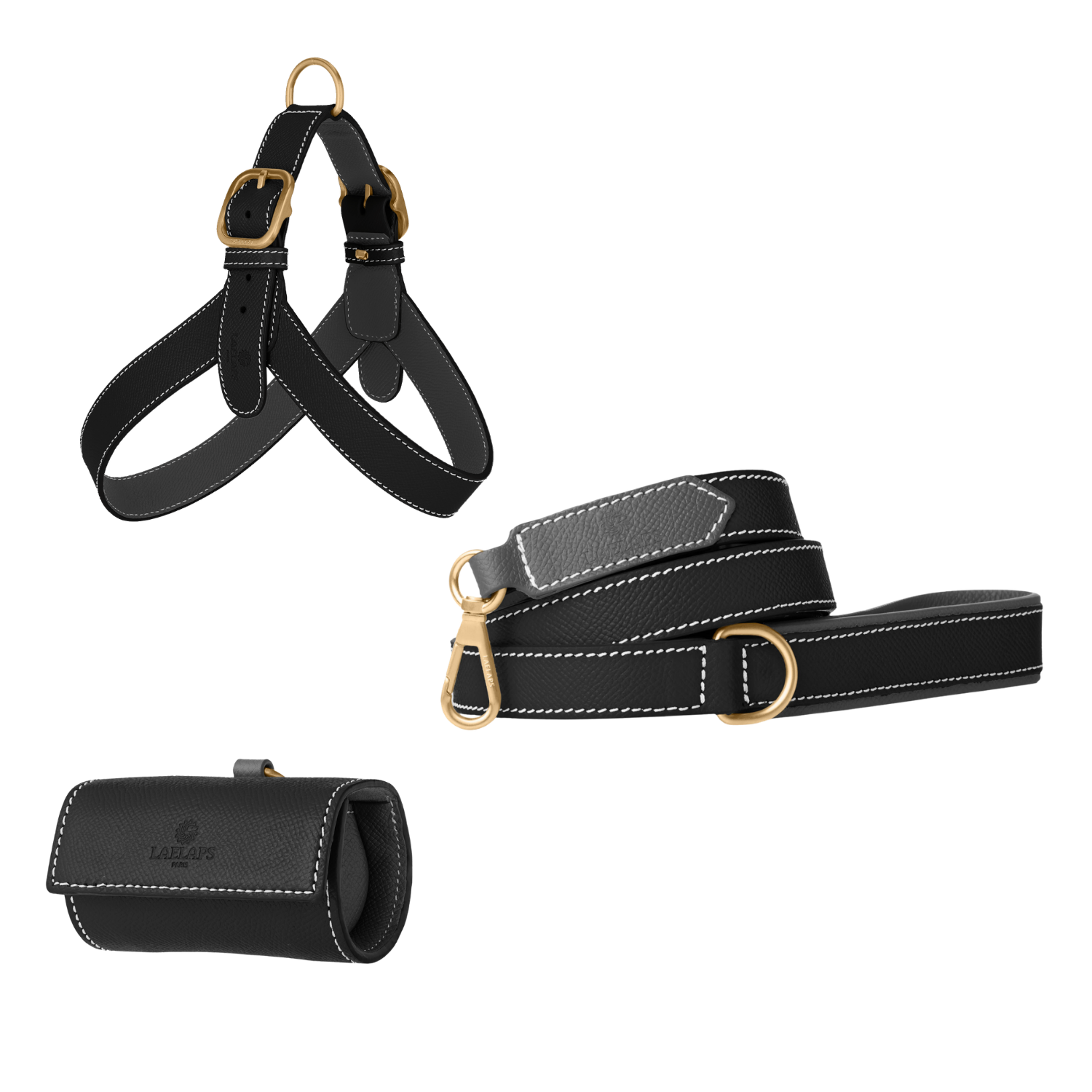 Zwarte leren set met tuigje, riem en zakjeshouder, grijze voering en matte goudkleurige hardware van Laelaps Paris