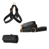 Zwarte leren set met tuigje, riem en zakjeshouder, grijze voering en matte goudkleurige hardware van Laelaps Paris