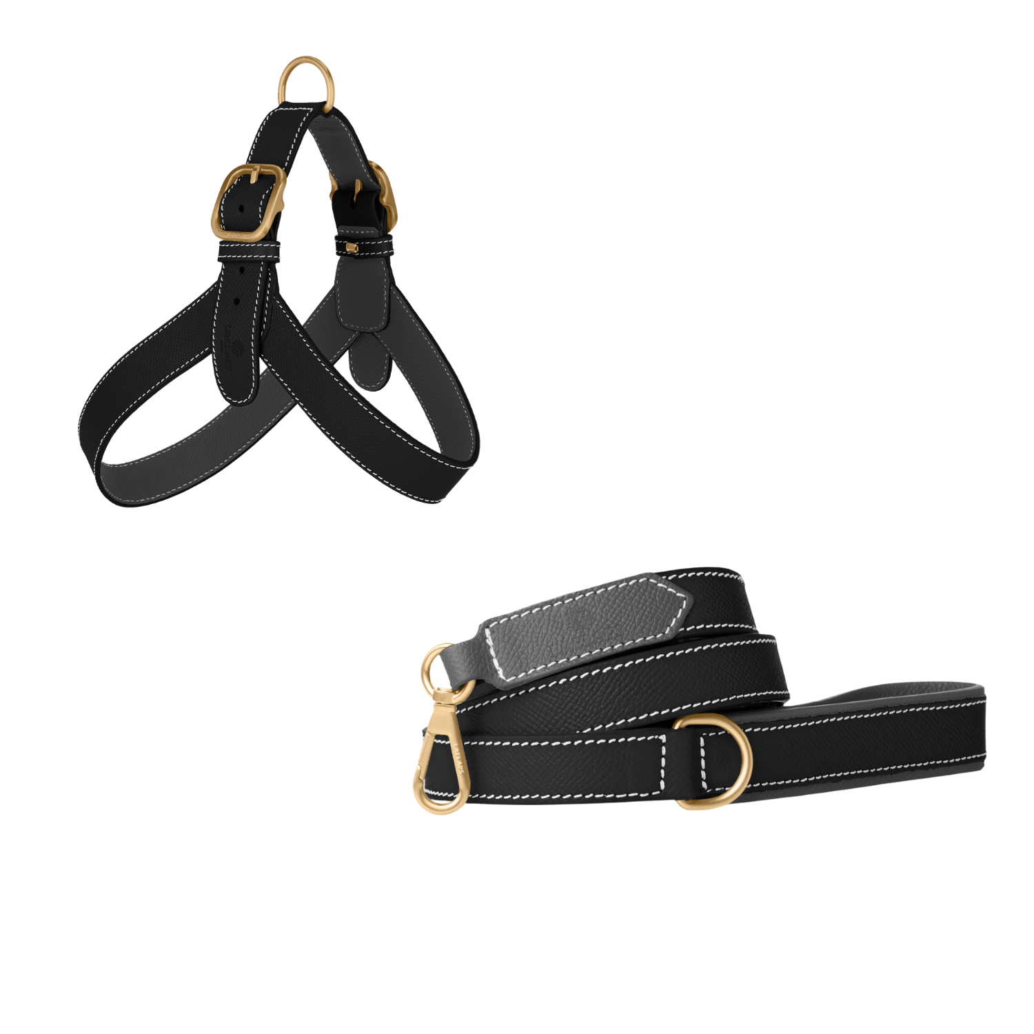 Black embossed calf leather dog harness and matching leash with grey lining, white stitching and matte gold buckles by Laelaps Paris