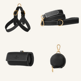 Complete black leather dog walking set by Laelaps Paris: harness, leash, poop bag holder and round zip treat pouch with matte gold clasp