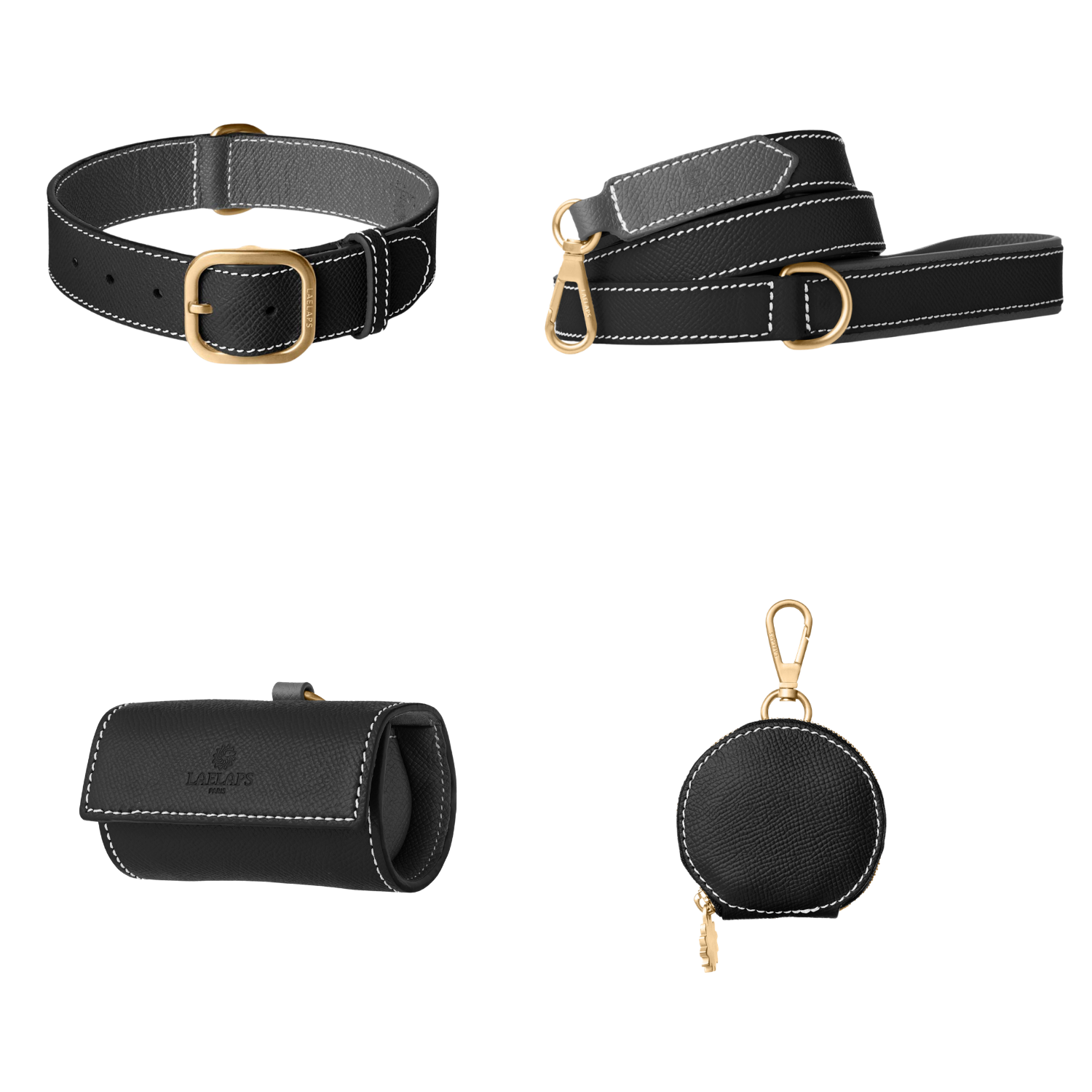 Complete black leather dog walking set by Laelaps Paris: collar, leash, poop bag holder and round zip treat pouch with gold clasp