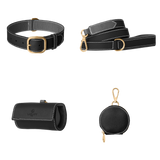 Complete black leather dog walking set by Laelaps Paris: collar, leash, poop bag holder and round zip treat pouch with gold clasp
