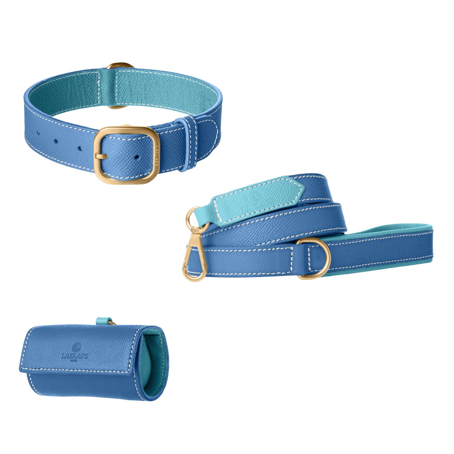 Blue leather dog collar, leash and poop bag holder set with light blue lining and gold hardware from Laelaps Paris