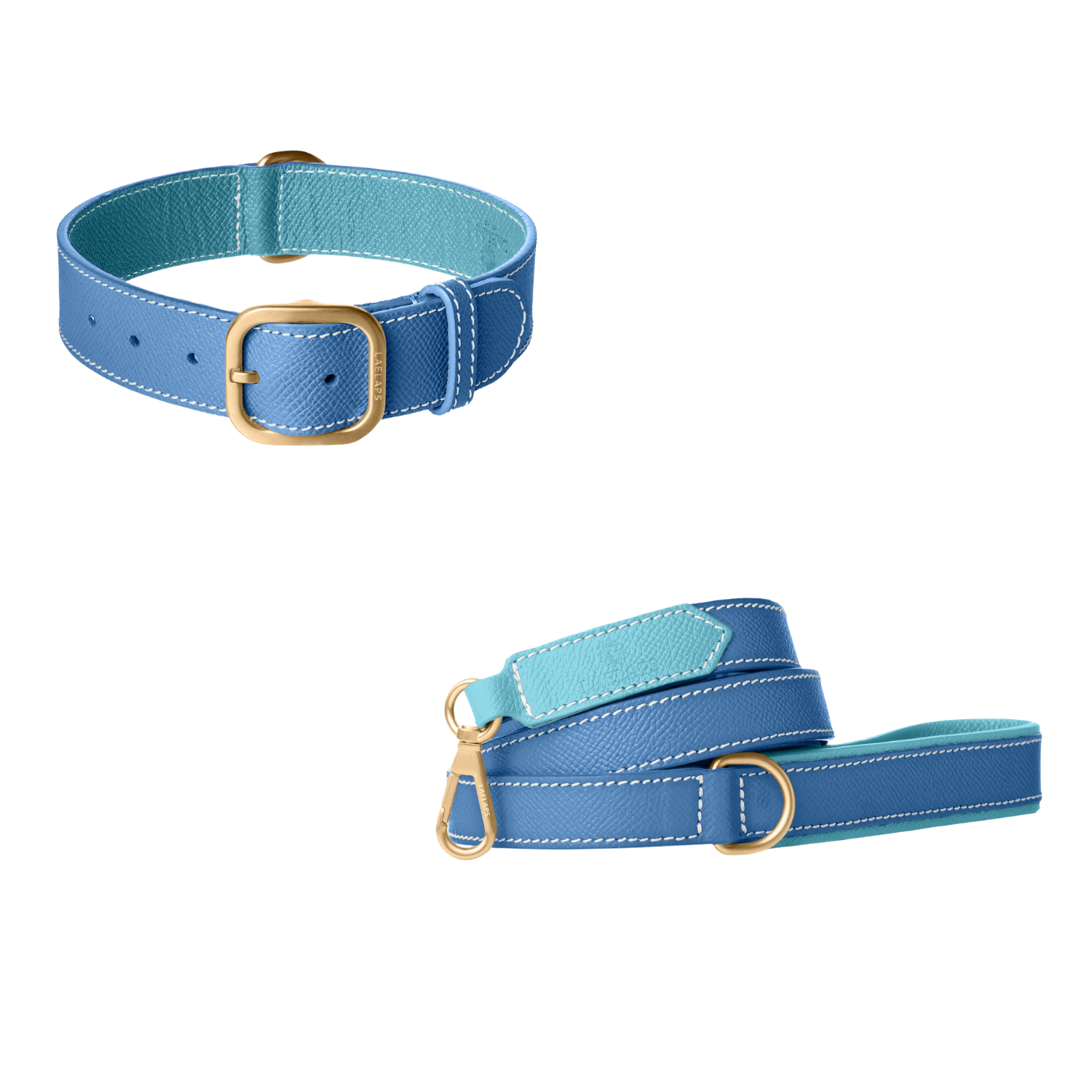 Blue  leather dog collar and matching leash with light blue lining, white stitching and brushed gold buckle by Laelaps Paris