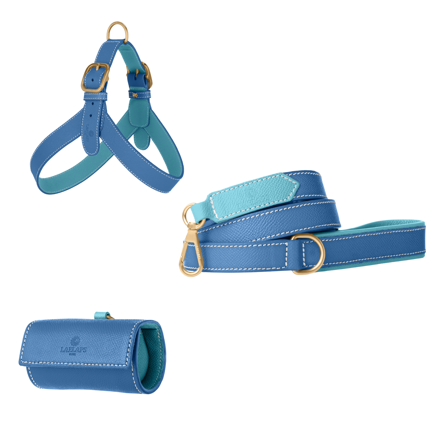 Royal blue leather dog harness, leash and poop bag holder set with light blue lining and matte gold hardware from Laelaps Paris