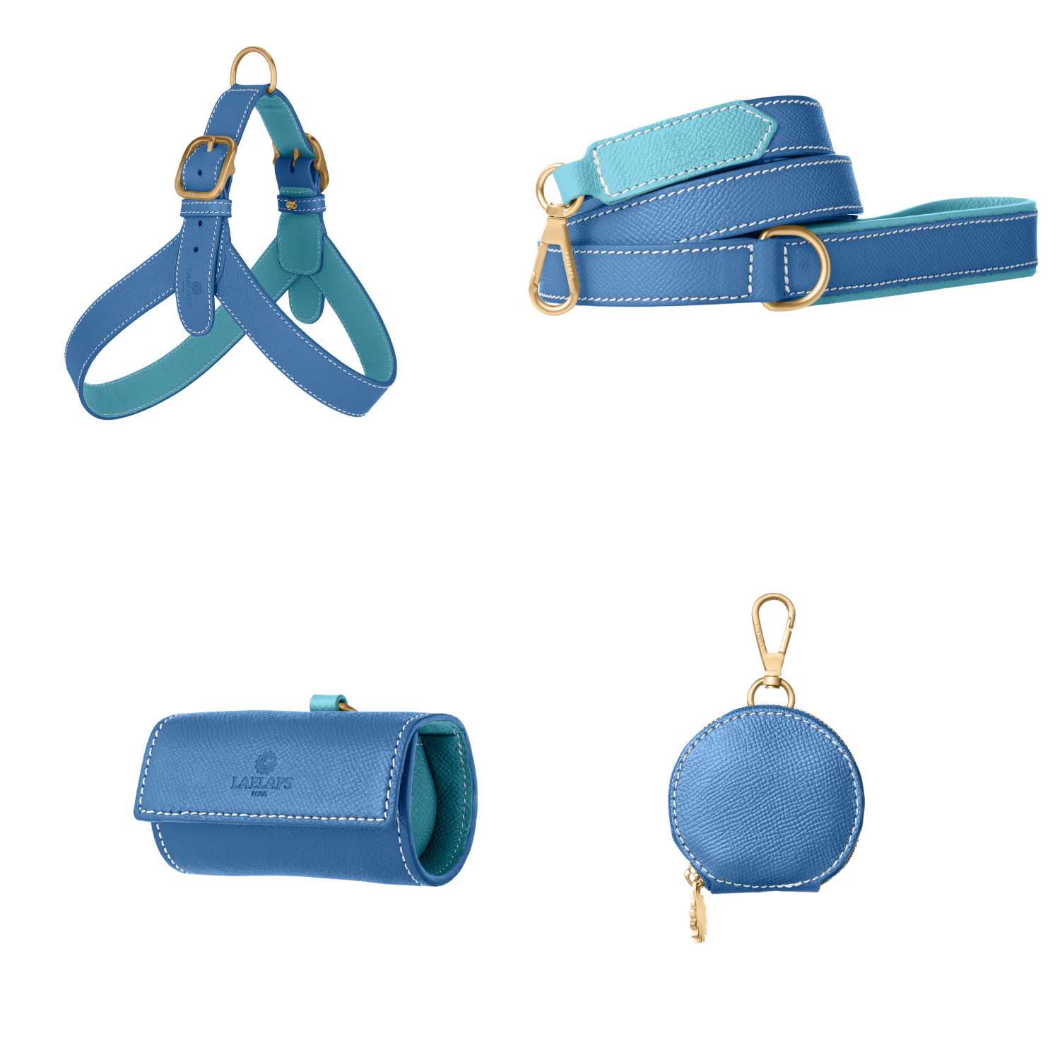 Complete royal blue leather dog walking set by Laelaps Paris: harness, leash, poop bag holder and round zip treat pouch with matte gold clasp