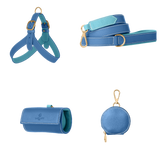 Complete royal blue leather dog walking set by Laelaps Paris: harness, leash, poop bag holder and round zip treat pouch with matte gold clasp