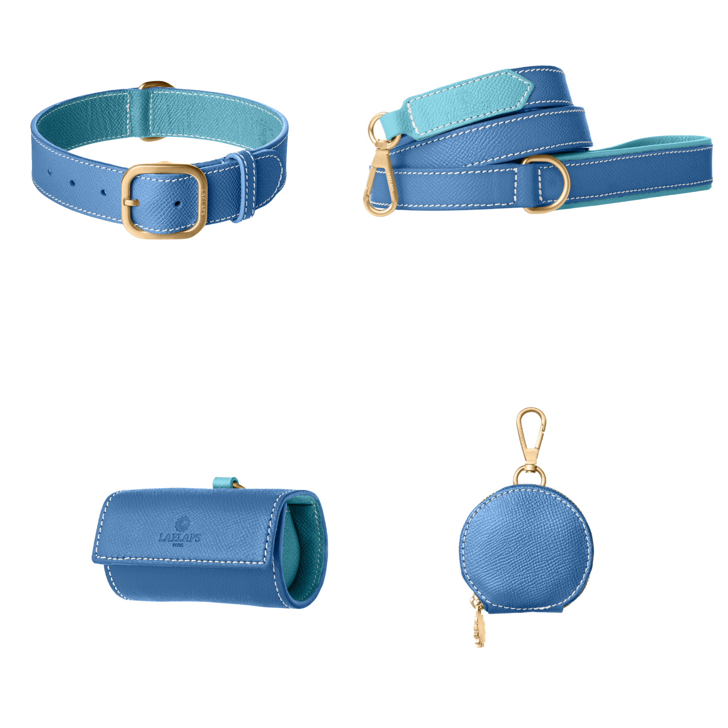 Complete blue leather dog walking set by Laelaps Paris: collar, leash, poop bag holder and round zip treat pouch with gold clasp