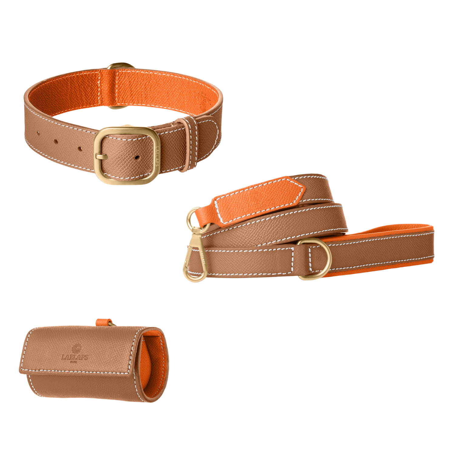 Leren set in camel met halsband, riem en zakjeshouder, oranje voering en goudkleurige hardware van Laelaps Paris