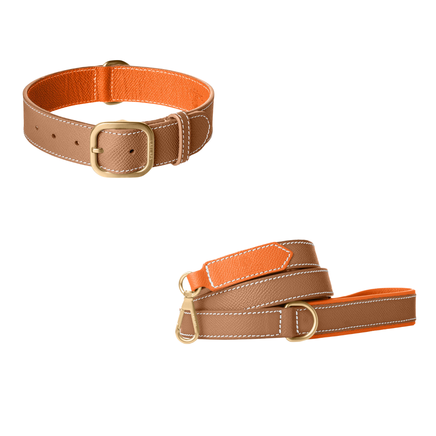 Leren halsband in camel en bijpassende riem, met feloranje voering, wit stiksel en geborstelde goudkleurige gesp van Laelaps Paris