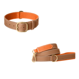 Leren halsband in camel en bijpassende riem, met feloranje voering, wit stiksel en geborstelde goudkleurige gesp van Laelaps Paris